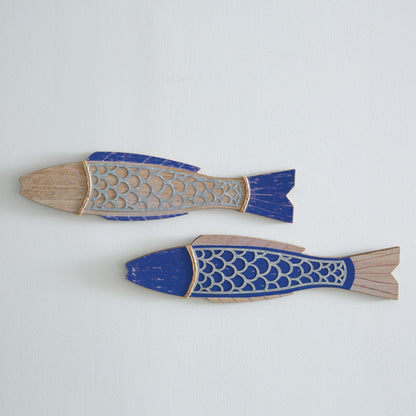Weathered Blue Wooden Fish Wall Pair - view 2