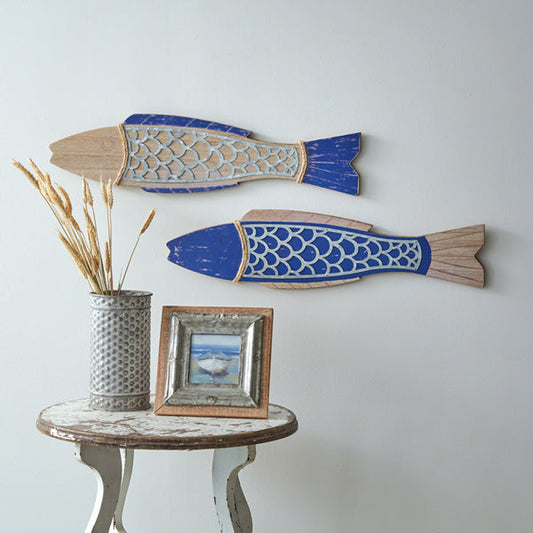 Weathered Blue Wooden Fish Wall Pair - view 1